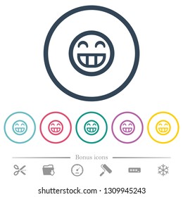 Laughing emoticon flat color icons in round outlines. 6 bonus icons included.