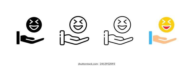 Laughing emoticon icons. Line, emoticon in the palm, emoticon with a laughing, palm of the hand. Vector icons