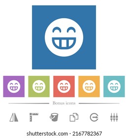 Laughing emoticon solid flat white icons in square backgrounds. 6 bonus icons included.