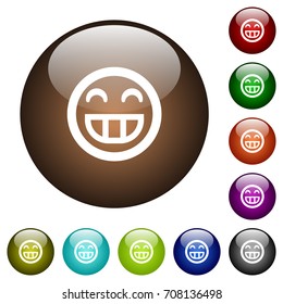 Laughing emoticon white icons on round color glass buttons
