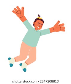 Ríe una excitada niña pequeña en aire de color semi-plano de carácter vector. Feliz niñez. Niña volando. Persona de cuerpo completo editable sobre blanco. Ilustración simple de dibujos animados para el diseño gráfico web