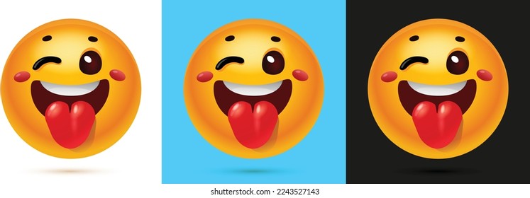 A laughing face emoji with one eye open and rosy cheeks with tongue in multiple colors backgrounds - emotion showing happy, naughty face, glossy effect, Smiley vector illustration