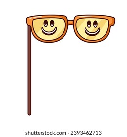 Laughing face glasses vector illustration. Cartoon isolated funny photo booth props, spectacles of hippie with funky smile emoticons inside frames, Christmas party or birthday, carnival glasses