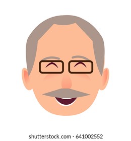 Laughing face of gray-haired old man close-up portrait on white background. Elderly human in black-rimmed glasses opened mouth in good mood. Vector illustration in cartoon style flat design avatar