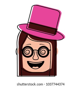 laughing face woman with crazy glasses and hat enjoy