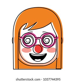 laughing face woman with crazy glasses mask clown enjoy