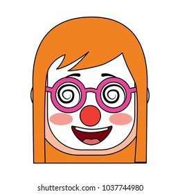 laughing face woman with crazy glasses mask clown enjoy