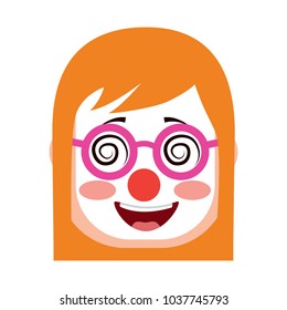 laughing face woman with crazy glasses mask clown enjoy