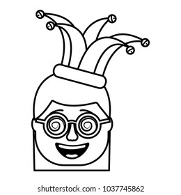 laughing face woman with crazy glasses and jester hat enjoy