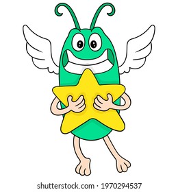 a laughing faced cute creature embracing a star flew into the sky, vector illustration art. doodle icon image kawaii.