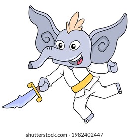 the laughing faced elephant was practicing martial arts with a sharp sword, vector illustration art. doodle icon image kawaii.