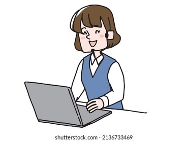 Laughing female operator Comical handwritten person Vector, simple coloring of line drawing