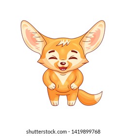 Laughing fennec fox with paws on its belly. Cute kawaii cartoon character. Funny emotion and face expression. Isolated on white background