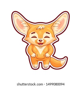 Laughing fennec fox with paws on its belly. Cute kawaii cartoon character with single contour  of whole image for using as a sticker, etc.  Funny emotion and face expression