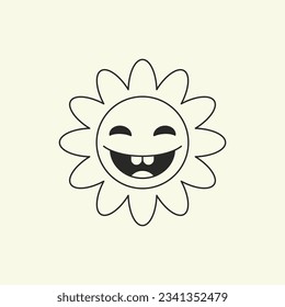 Laughing flower positive comic cartoon character head retro 30s animation style line art icon vector illustration. Happy chamomile funny plant bud with petals face portrait minimal monochrome emoticon