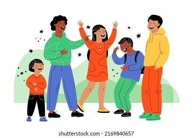 Laughing friends. Happy giggling different ages company. Humor and jokes. Children and adults hilarious group. Excited people. Positive emotions. Joyful teenagers. Garish