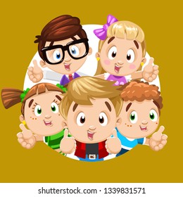 Laughing funny boys and girls showing thumbs up and peeping out round frame, circle on background. Concept of like gesture, agreement, vote Yes. Cartoon illustration.