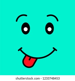 Laughing funny emotion emoji face. Smile face with tongue on blue background. Simple emoticons pictograms. Vector illustration EPS 10.