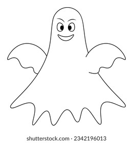 Laughing ghost. Spirit with wings and a sweet smile. Vector illustration. Outline on isolated white background. Doodle style. Coloring book. Sketch. Casting. Halloween symbol. White linen suit. Spirit