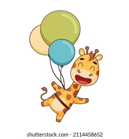 Laughing giraffe flying on colorful balloons. Vector illustration for designs, prints and patterns. Isolated on white background