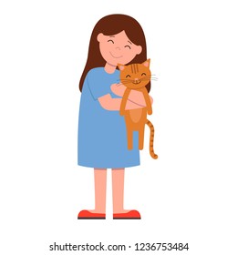 Laughing girl in blue dress holding and strongly cuddling cat. vector illustration of happy kid and pet.