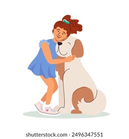 Chica risueña en vestido azul sosteniendo y abrazando fuertemente al perro grande. Pequeño dueño de la mascota, el niño abraza al perro endogámico. Los mejores amigos de la historia. Niña y su perro. Ilustración vectorial aislada de niño feliz y mascota.