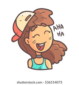 Laughing Girl In Cap, Choker And Blue Top Hand Drawn Emoji Cool Outlined Portrait