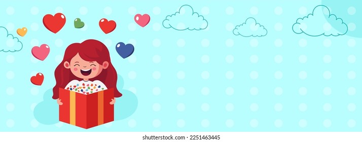 Laughing Girl Holding Card Or Letter With Colorful Hearts, Clouds On Pastel Blue Dotted Background And Copy Space. Love Or Valentine Concept.