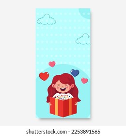 Laughing Girl Holding Card Or Letter With Colorful Hearts, Clouds On Pastel Blue Dotted Background And Copy Space. Love Or Valentine Concept.