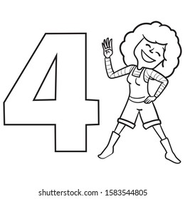 Laughing girl holds four fingers in the air and stands next to the number 4. outline vector drawing, learning.