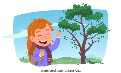 Laughing girl kid enjoy spring weather day. Green tree on meadow blossoming flowers, plant sprouts. Happy child person walking outdoors celebrating springtime season weather. Flat vector illustration