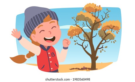 Laughing girl kid enjoying walking in park on sunny autumn day. Happy smiling child person wearing knitted hat, jacket. Tree with yellow foliage leaves. Fall season weather flat vector illustration