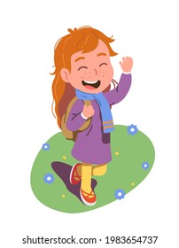 Laughing girl kid walking outdoors among blossoming flowers enjoying spring weather. Cute cheerful child person in spring clothes having fun. Springtime season happiness flat vector illustration