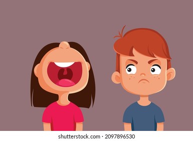 
Laughing Girl Making Jokes Upsetting Her Friend Vector Cartoon. Sister poking fun at her not amused brother upset by mockery and insulting laughter
