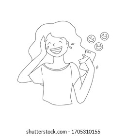 Laughing girl with a phone. Illustration of a young girl laughing to tears when reading a message using a mobile phone. Vector 8 EPS.