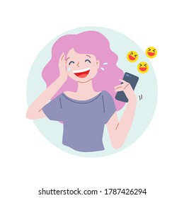 Laughing girl with a phone. Illustration of a young girl laughing to tears when reading a message using a mobile phone. Vector 8 EPS.