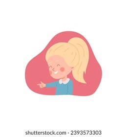 Laughing girl pointing index finger to left side. Happy kid with ponytail showing hand gesture avatar. Flat vector illustration on abstract background.