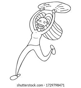 Laughing girl runs with a pillow. Doodle woman swings for a punch. Vector stock illustration of pillow battles in the family. Quarantine fun character. 