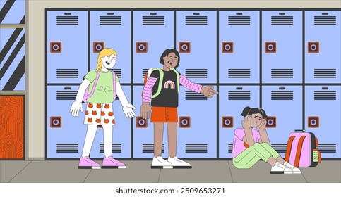 Laughing girls bullying scared classmate flat illustration. Evil bullies abusing schoolmate 2D characters cartoon background. Violence in school awareness scene vector storytelling image