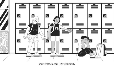 Laughing girls bullying scared classmate black and white line illustration. Evil bullies abusing schoolmate 2D characters monochrome background. Violence in school awareness outline vector image