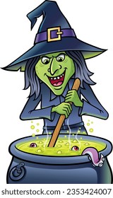 Laughing green witch stirring a bubbling cauldron with green liquid, two eyeballs  and octupus arm sticking out over the top.