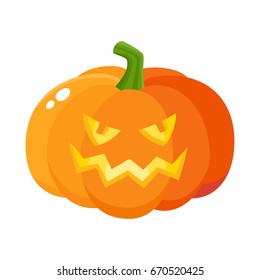 Laughing, grinning pumpkin jack-o-lantern with vampire teeth, Halloween symbol, cartoon vector illustration isolated on white background. Pumpkin lantern with grinning face, Halloween decoration