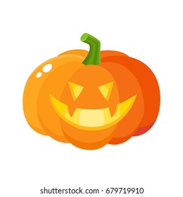 Laughing, grinning pumpkin jack-o-lantern with vampire teeth, Halloween symbol, cartoon vector illustration isolated on white background. Pumpkin lantern with grinning face, Halloween decoration