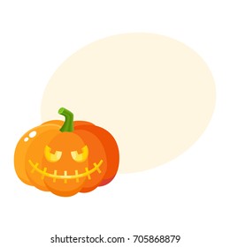 Laughing, grinning pumpkin jack-o-lantern with vampire teeth, Halloween symbol, cartoon vector illustration with space for text. Pumpkin lantern with grinning face, Halloween decoration