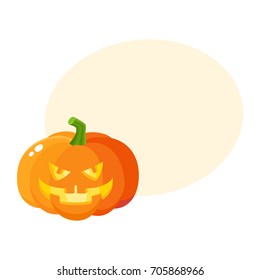 Laughing, grinning pumpkin jack-o-lantern with vampire teeth, Halloween symbol, cartoon vector illustration with space for text. Pumpkin lantern with grinning face, Halloween decoration