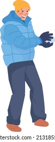 Laughing guy in winter clothes holding snowball. Winter joy isolated on white background