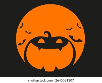 Laughing halloween abóbora e morcegos silhuetas no fundo laranja. Ilustração vetorial