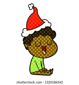 laughing hand drawn comic book style illustration of a man wearing santa hat