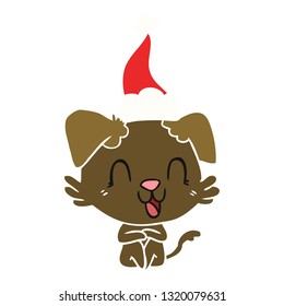 laughing hand drawn flat color illustration of a dog wearing santa hat