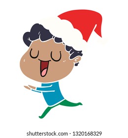 laughing hand drawn flat color illustration of a man running wearing santa hat